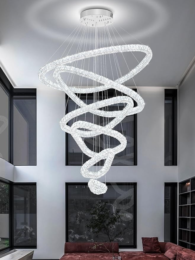 Flashing God Modern 6 Ring Crystal Chandeliers for High Ceiling Large Foyer Chandeliers LED Dimmable Crystal Ceiling Light Fixtures for Entryway Living Room Staircase Sliver