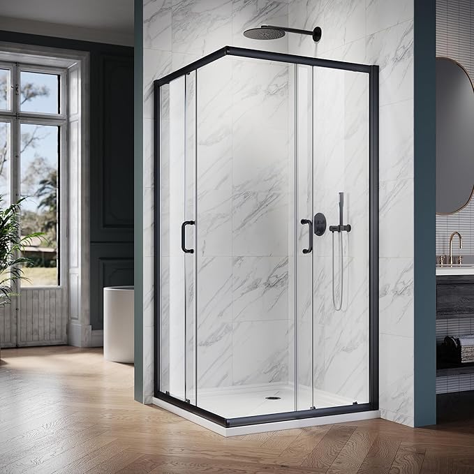ELEGANT Corner Shower Enclosure 34 in.D x 34 in. W x 72 in. H, Corner Shower Door with 1/4 in. Clear Tempered Glass, Double Sliding Shower Enclosure, Black Finish (Shower Base Not Included)