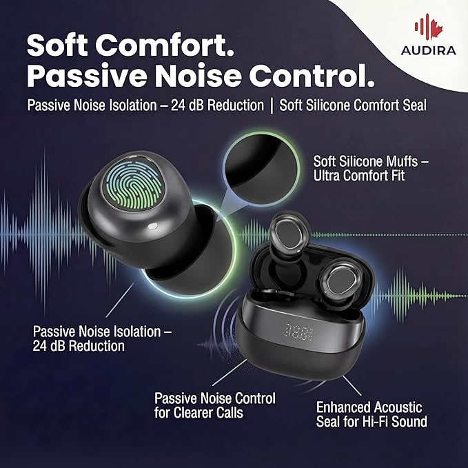 AUDIRA Mini Wireless Sleep Earbuds for Side Sleepers, Bluetooth 5.4 in-Ear Ear Buds with Noise Cancelling, IPX4 Waterproof Headphones, Touch Control, Digital Display Charging Case – Black