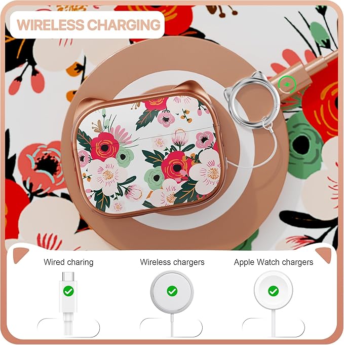RFUNGUANGO is Compatible with AirPods Pro 3 Protective case, with Mobile Phone Holder Function, Multiple Colors Available, Suitable for AirPods Pro 3 Protective case,Rose Gold + Flowers