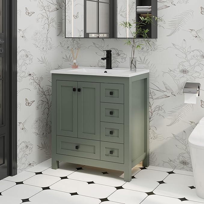 eclife 30" Bathroom Vanities with Sink Combo, Modern Thickened Wood Bathroom Storage Cabinet w/Undermount Sink, Matte Black Faucet Drain, Painted Surface, Green