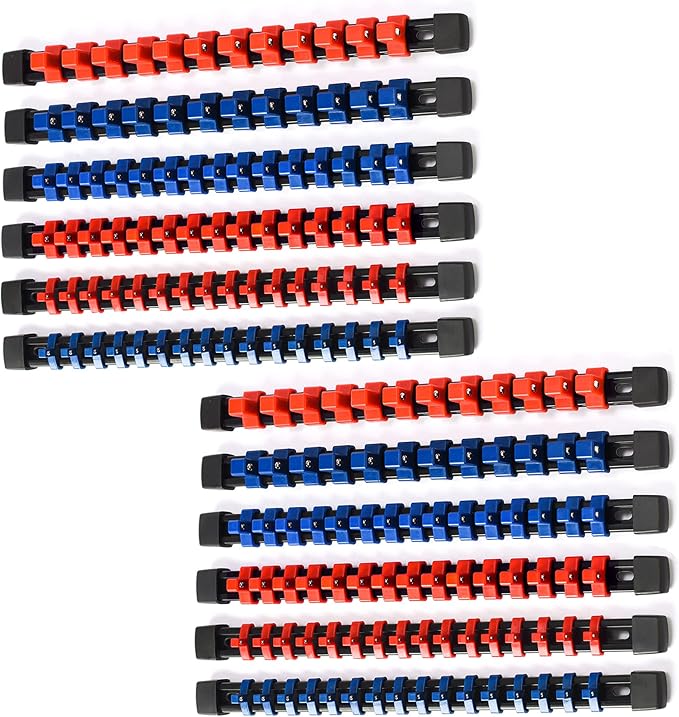 ALOANES 12PC ABS Socket Organizer, Socket Rails Fit 1/2 inch, 3/8 inch and 1/4 inch Drive, Heavy Duty Socket Holders Hold up to 172 Sockets, Black Rails with Red and Blue Clips