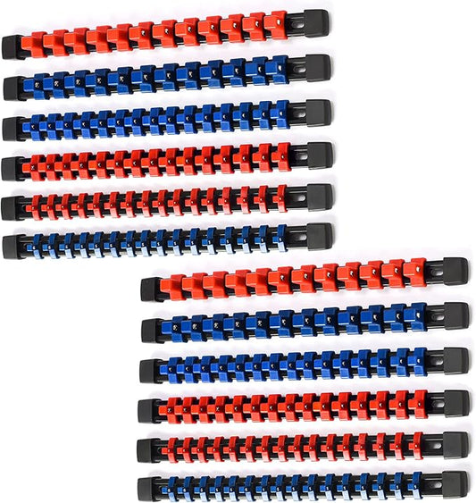 ALOANES 12PC ABS Socket Organizer, Socket Rails Fit 1/2 inch, 3/8 inch and 1/4 inch Drive, Heavy Duty Socket Holders Hold up to 172 Sockets, Black Rails with Red and Blue Clips