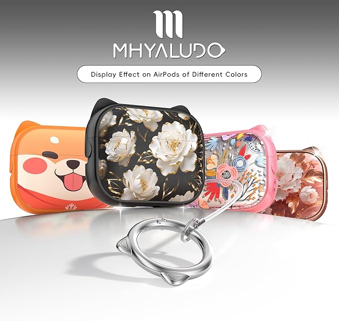 for AirPods Pro 2 Case with Cleaning Kit, Cute Cat Ear Print Design & Cute Buckle for Girls, Phone Holder & Top Safe Lock Buckle Design for AirPods Pro 2nd/1st Gen case, Black Peony