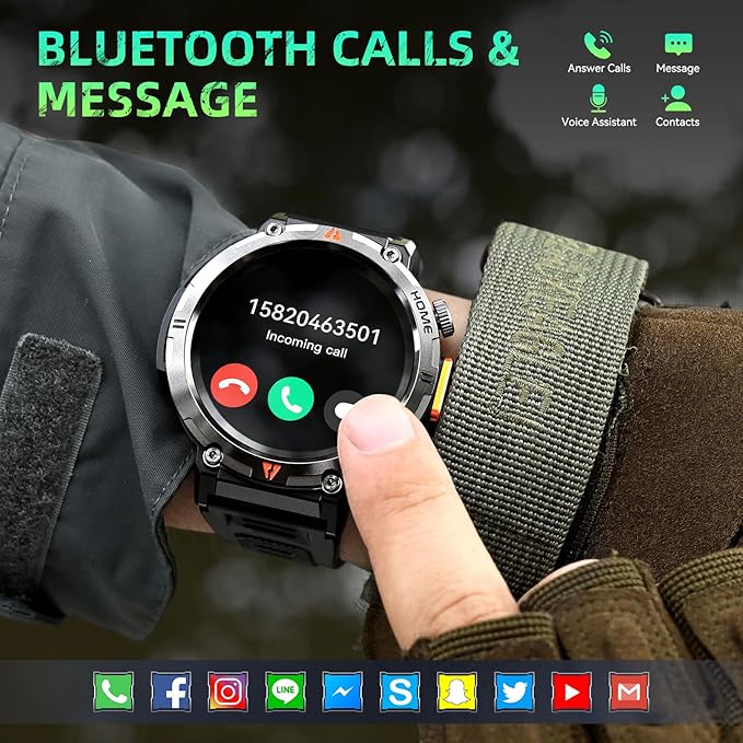Military Smart Watches for Men Built-in GPS 3ATM Waterproof with Call/LED Flashlight, 1.45" Rugged Tactical Smartwatch with Compass, Fitness Tracker with HR/SPO2/Sleep Monitor for iPhone Android
