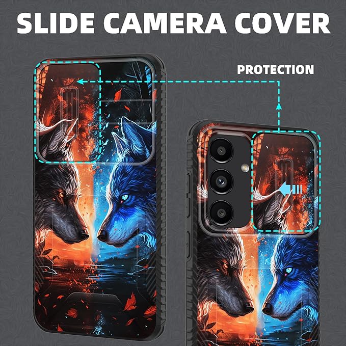 for Galaxy S24 FE Case Built in Slide Camera Lens Cover,Heavy Duty Shockproof Protection Dual Layer Case for Samsung Galaxy S24 FE 5G 6.7" 2024,Cool Wolf