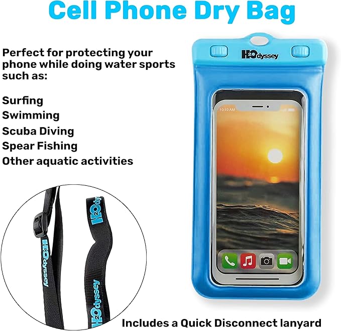 H2ODYSSEY Waterproof Phone Case and Lanyard - Excellent Waterproof Protection - Floats in The Water -Lanyard for Beach Kayak Travel - Universal Size - Blue