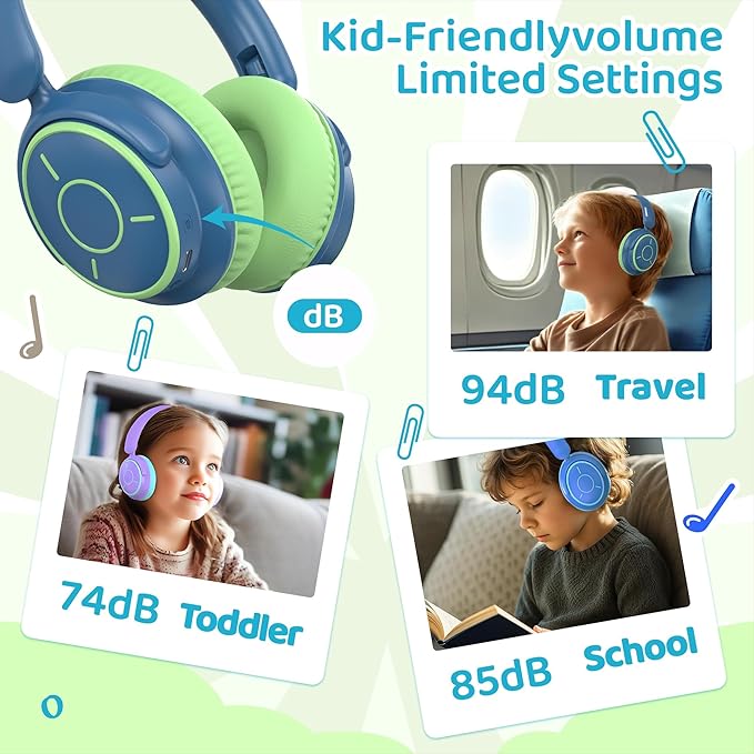 MIDOLA Kids Headphones Bluetooth 5.4 Wireless Volume Limited 85/94dB Hearing Protection Over Ear 68 Hours Playtime Foldable Lightweight Headset Built-in Mic for Toddler Child Travel School Green Blue