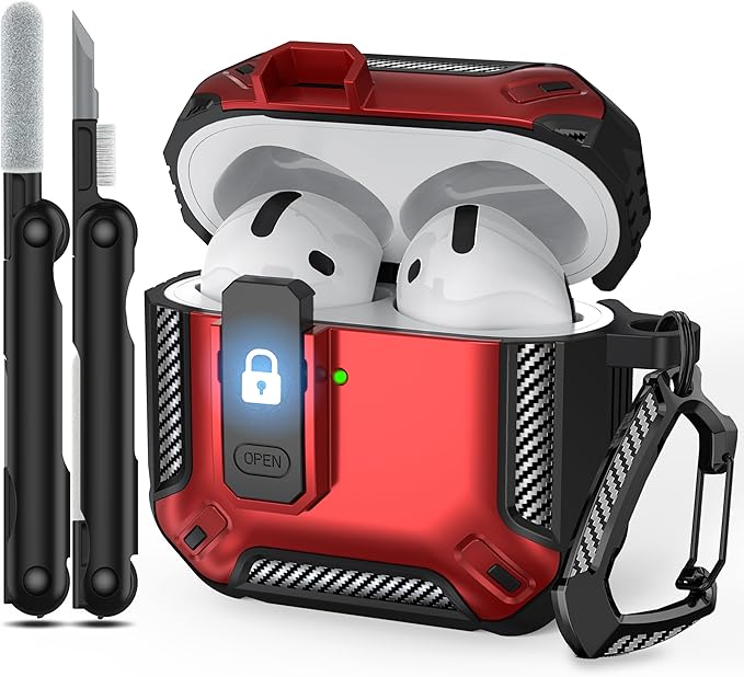 RFUNGUANGO for AirPods 4th Generation Case, Compatible with AirPods 4th Generation Case (2024), Locking Function, Military-Grade Drop Protection, with Cleaning Kit-Red