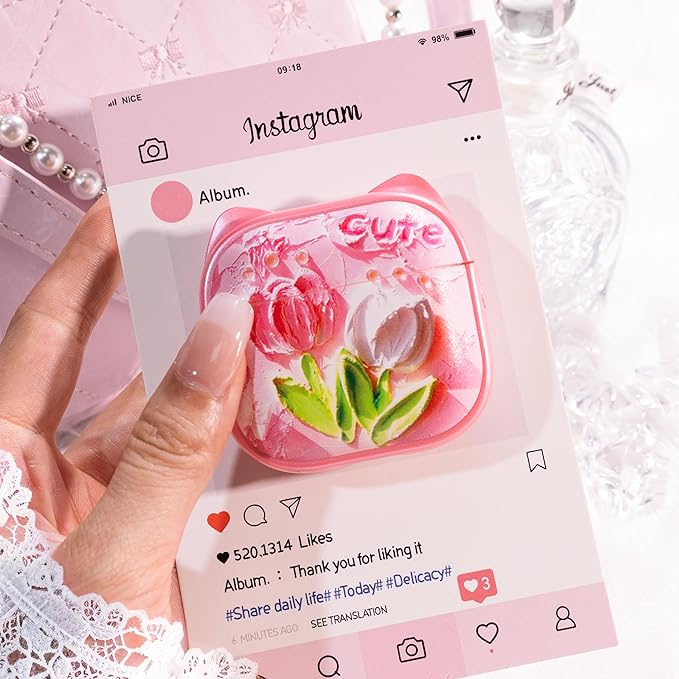 for AirPods 4 Case with Cleaning Kit, Cute Cat Ear Print Design & Cute Buckle, Inverted Phone Holder Design, Top Safe Lock Buckle Design, for Girls AirPods 4 case 2024, Tulip