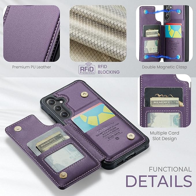 Bemal for Samsung Galaxy S25 Wallet Case with Card Holder, RFID Blocking, Shockproof Leather Kickstand for Men and Women, Durable Protective Phone Cover for 6.2", Purple