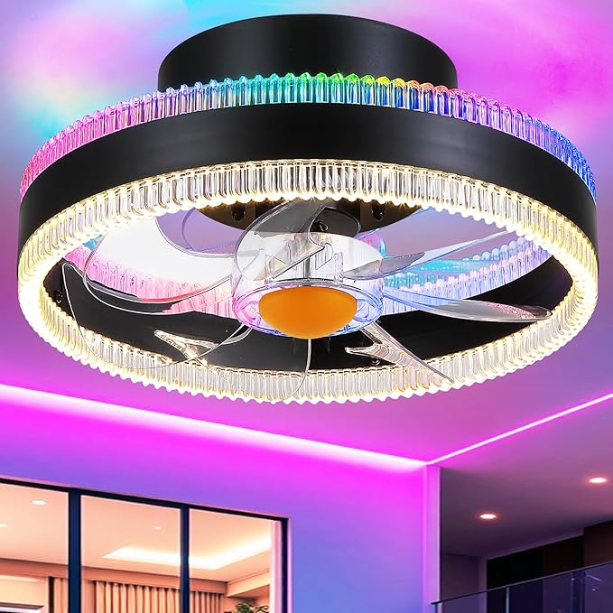 Flush Mount Ceiling Fans with Lights - RGB Low Profile Ceiling Fan,13" Small Dimmable LED Bladeless Ceiling Fans, Modern Enclosed LED-RGB Ambient Light for Bedroom, Kids Room, Party