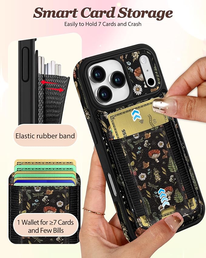 Shorogyt for iPhone 17 Pro Max Case Wallet - Fits 5 Cards, Compatible with Magsafe Detachable Magnetic Credit Card Holder Leather Cardholder Cute Phone Cover Women Girls for Apple 17 ProMax, Mushroom