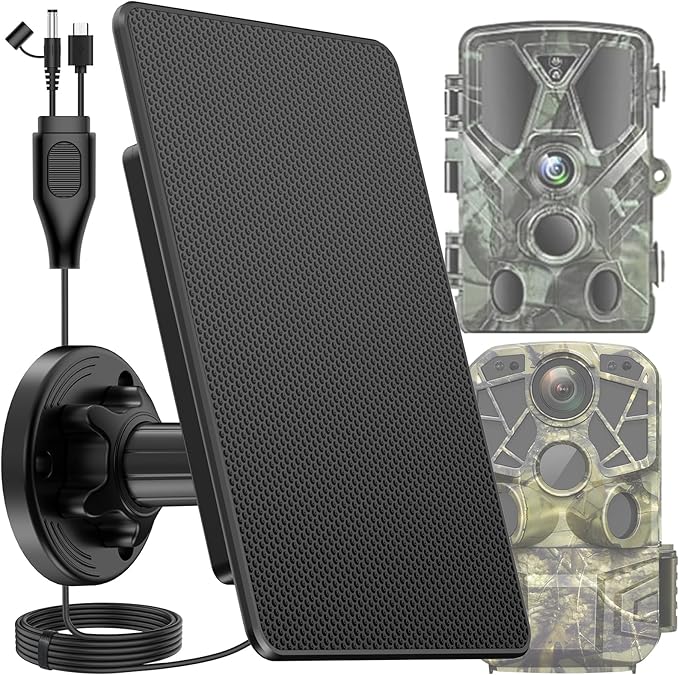 Solar Panel for Trail Cameras, Built-in 5000mAh Large-Capacity Rechargeable Battery Trail Camera Solar Panel, Solar Battery Charger Kit with Type C/5V DC/6V Output, Suitable for Most Trail Cameras