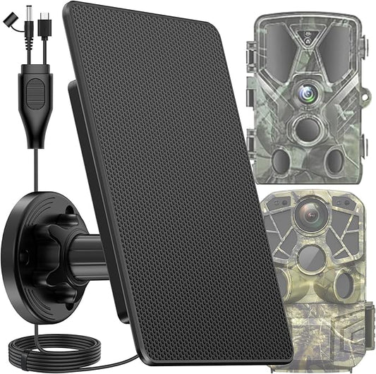 Solar Panel for Trail Cameras, Built-in 5000mAh Large-Capacity Rechargeable Battery Trail Camera Solar Panel, Solar Battery Charger Kit with Type C/5V DC/6V Output, Suitable for Most Trail Cameras