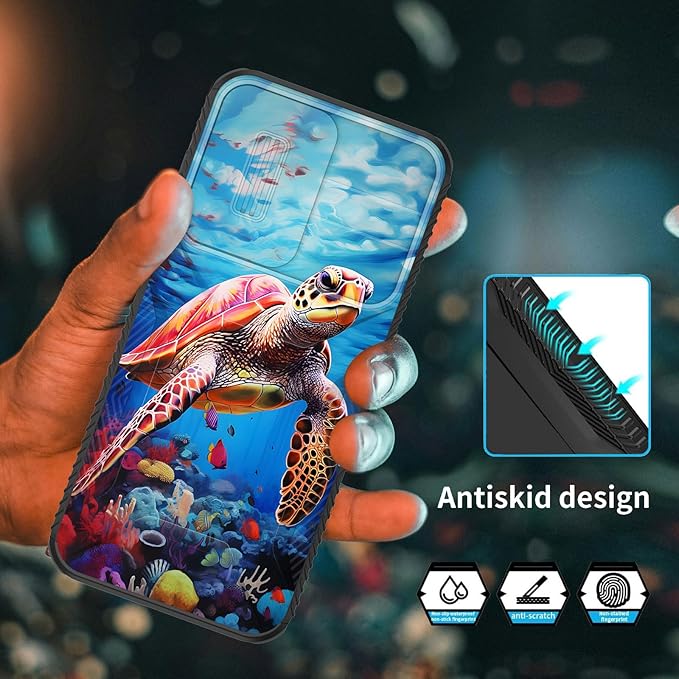 for Galaxy A15 5G Case Built in Slide Camera Lens Cover,Heavy Duty Shockproof Protection Dual Layer Case for Samsung Galaxy A15 5G 6.5 inch 2024,Sea Turtle Swimming Underwater
