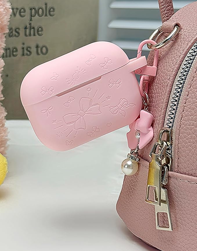 for AirPods Pro 2 Case Cover with Bow Keychain, DamonLight Cute Flower Floral Engraved Silicone Protective Case Cover Compatible with Apple Airpods Pro 2 Case for Women and Girls, Pink
