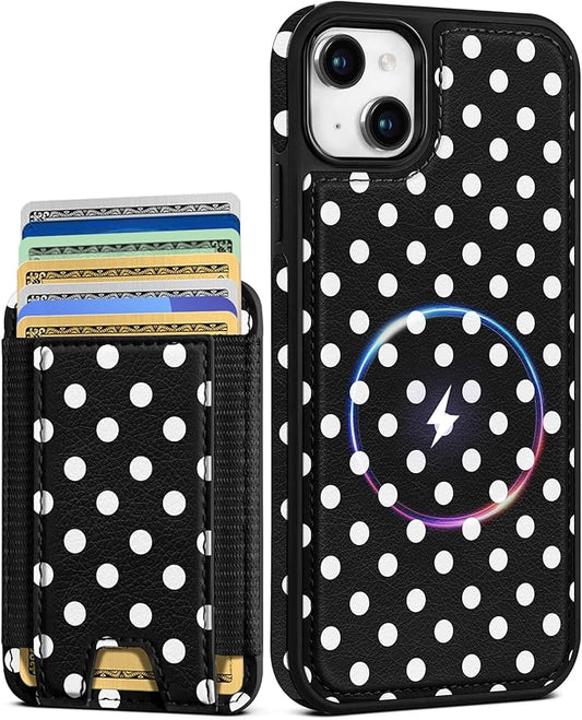Shorogyt for iPhone 14 Wallet Case - Fits 5 Cards, Compatible with Magsafe Detachable Magnetic Credit Card Holder Leather Cardholder Cute Phone Cover Women Girls for Apple 14, Polka Dots