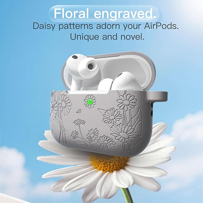 for AirPods Pro 3 Case (2025) DamonLight Daisy Floral Engraved Shockproof Protective Soft Silicone Case Cover with Cleaning Pen and Keychain for Apple Airpods Pro 3rd Generation (Gray)