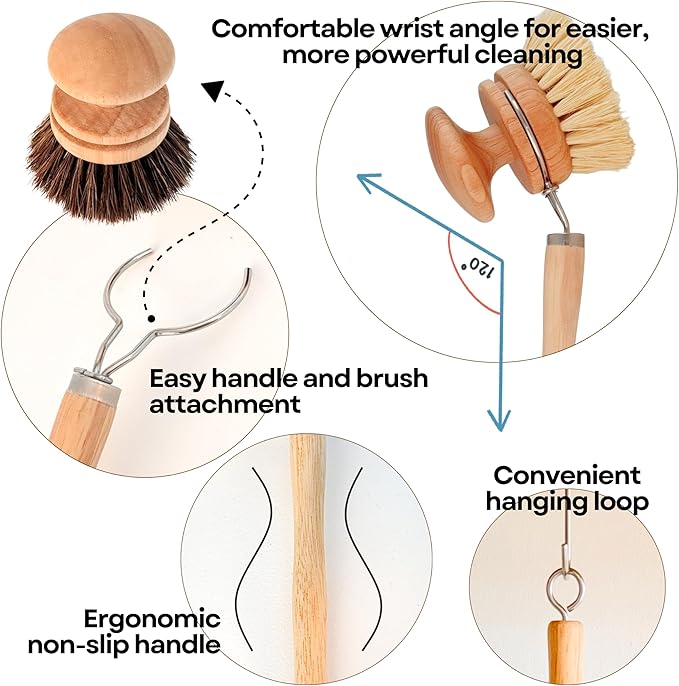 Dish Brush with Handle | 2-in-1 Natural Wooden Brush Set with Detachable Long & Short Handle | Vegetable Brush with Horsehair & Sisal Bristles for Dishes, Pots, and Kitchen Cleaning