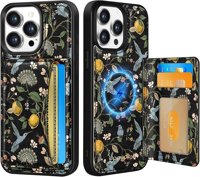 for iPhone 14 Pro Max Case with Wallet - Fits 4 Card Slots, Compatible with MagSafe for Women Aesthetic PU Leather Credit Card Holder Kickstand Phone Cover for Apple 14 Promax, Lemon Bird