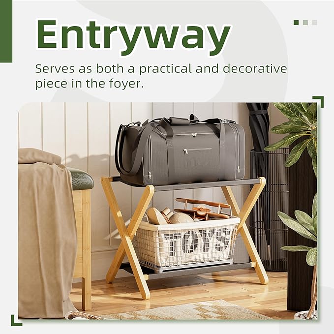 Luggage Rack, Set of 2, Folding Suitcase Stand with Storage Shelf, Premium Bamboo Luggage Holder for Guest Room, Bedroom, Hotel, Closet, Holds up to 135 lb (Natural)