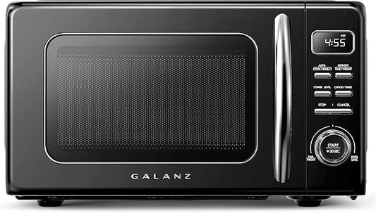 Galanz GLCMKZ09BKR09 Retro Countertop Microwave Oven with Auto Cook & Reheat, Defrost, Quick Start Functions, Easy Clean with Glass Turntable, Pull Handle, 0.9 cu ft, Black