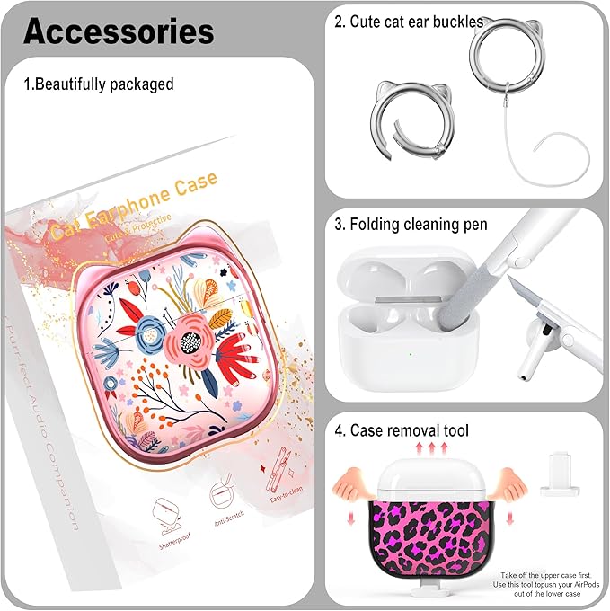 RFUNGUANGO AirPods 4 Case for Women Girly Cat Case with Lock, Phone Stand, Keychain & Cleaner Kit, Compatible with Apple Airpods 4th Generation Case Cover, Rose Red Leopard Print