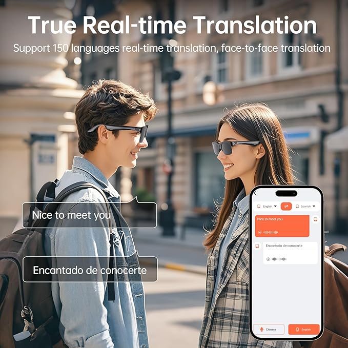 Smart Glasses with AI Translator, V6.0 Bluetooth Glasses with 150+ Translation, Smart Sunglasses for Men & Woman, Music Glasses with Long Battery Life, UV Protection, IPX5 Waterproof, Hands-Free Calls