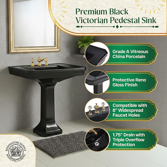 Victoria 32" Large Black Pedestal Bathroom Sink With Overflow Heavy Duty Porcelain Pre-Drilled Widespread Faucet Holes Renovators Supply Manufacturing