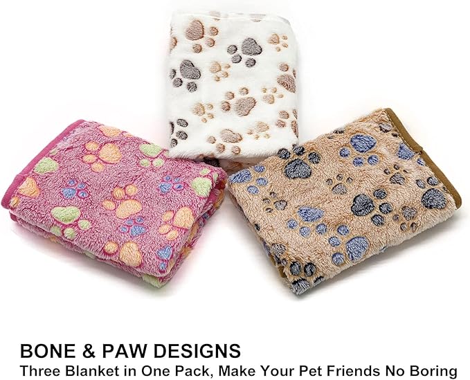 SORKUT 1 Pack 3 Puppy Dog Blankets Super Soft Warm Sleep Mat Fluffy Premium Fleece Pet Blanket Flannel Throw for Dog Puppy Cat - Paw Print Beige/Pink/Brown Large(40"x30")