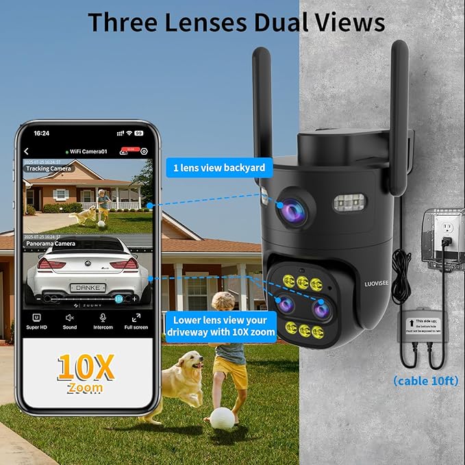 Indoor/Outdoor Cameras for Home Security 2Pack,2.4/5G WiFi Camera Wired,10x Hybrid Zoom,Plug-in 9.8ft Cable,360° Pan Tilt,Auto-Tracking,24/7 Recording,Work with NVR/DVR