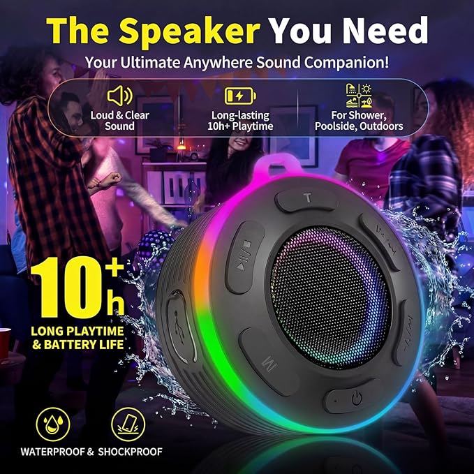 Portable Bluetooth Speaker with vibrant led lights, IPX6 Waterproof, Loud Stereo Sound,Hands-Free Calling/Radio, for Shower, Beach, Outdoors, Over 10 H Playtime, Mini/Small, Suction Cup & Hook