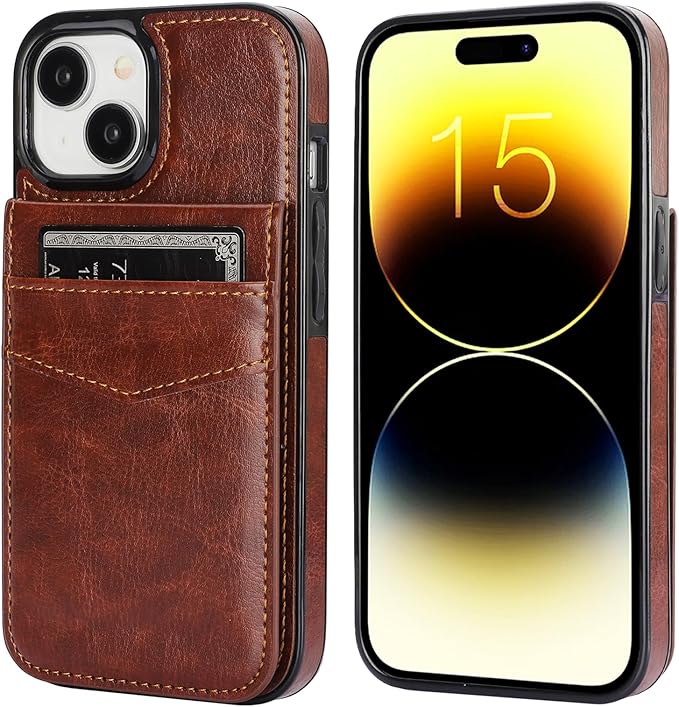 KIHUWEY Compatible with iPhone 15 Case Wallet with Credit Card Holder, Flip Premium Leather Magnetic Clasp Kickstand Heavy Duty Protective Cover for iPhone 15 6.1 Inch (Brown)