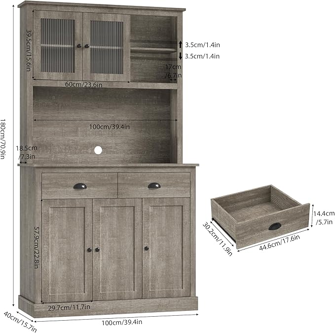 GarveeHome Pantry Cabinet with Drawers and Adjustable Shelves, 71" Tall Freestanding Kitchen Cabinet with Microwave Stand, Kitchen Hutch for Dining Room, Rustic Grey