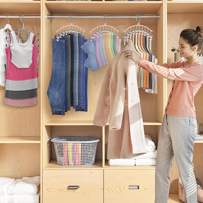 4 Pack Legging Organizer for Closet Hanging, 3 Pants Leggings Hangers with 30 Clips, 1 Tank Top Hanger Space Saving Hangers Closet Organizers and Storage for Pants Skirts Bra, Pink