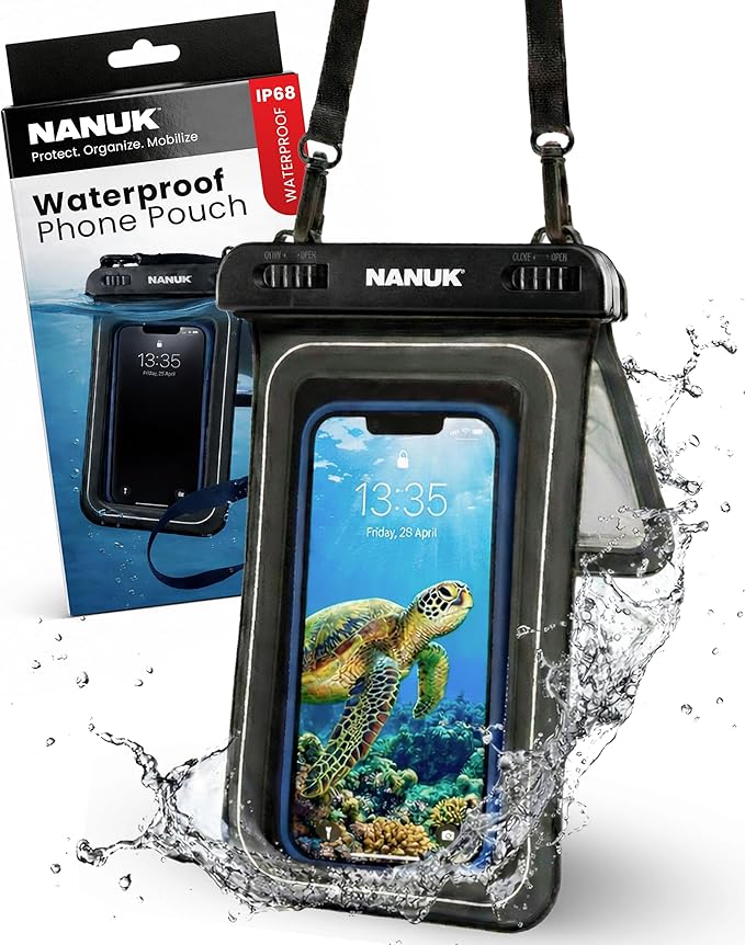 NANUK Waterproof Phone Pouch – IP68 Floating Underwater Dry Bag for Snorkeling & Beach – Touchscreen Case with Adjustable Crossbody Strap, Dual Pockets – Fits All Smartphones (9.45" x 5.43") – Black