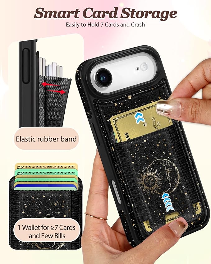Shorogyt for iPhone Air Wallet Case - Fits 5 Cards, Compatible with Magsafe Detachable Magnetic Credit Card Holder Leather Cardholder Cute Phone Cover Women Girls for Apple 17 Air, Sun Moon
