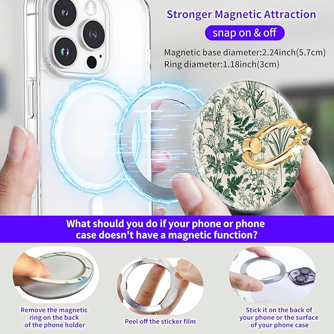 Magnetic Phone Ring Holder Compatible with MagSafe, Cute Phone Grip Stand with 360° Rotation Gold Glitter Finger Ring Kickstand Accessories for Most Phones Cute Green Flower