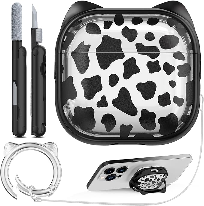 RFUNGUANGO AirPods 4 Case for Women Girly Cat Case with Lock, Phone Stand, Keychain & Cleaner Kit, Compatible with Apple Airpods 4th Generation Case Cover, Transparent Leopard Print