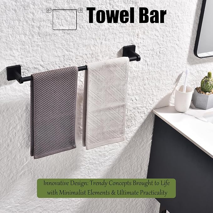 Miyili 18-Inch Matte Black Towel Bar - Rustproof Wall Mounted Towel Holder, Space-Saving Towel Hanger Bathroom Accessories, 2-Pieces