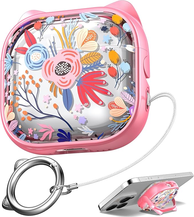 for AirPods 4 Case with Cleaning Kit, Cute Cat Ear Print Design & Cute Buckle, Inverted Phone Holder Design, Top Safe Lock Buckle Design, for Girls AirPods 4 case 2024,Clear Flowers
