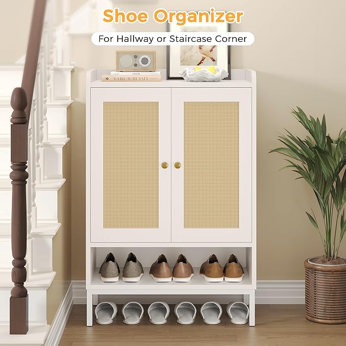JASIWAY Rattan Shoe Cabinet Storage for Entryway, Shoe Cabinet with Adjustable Shelves for Entryway, 5-Tier, 20 Pair Shoe Rack Storage for Hallway, Closet, Living Room, White