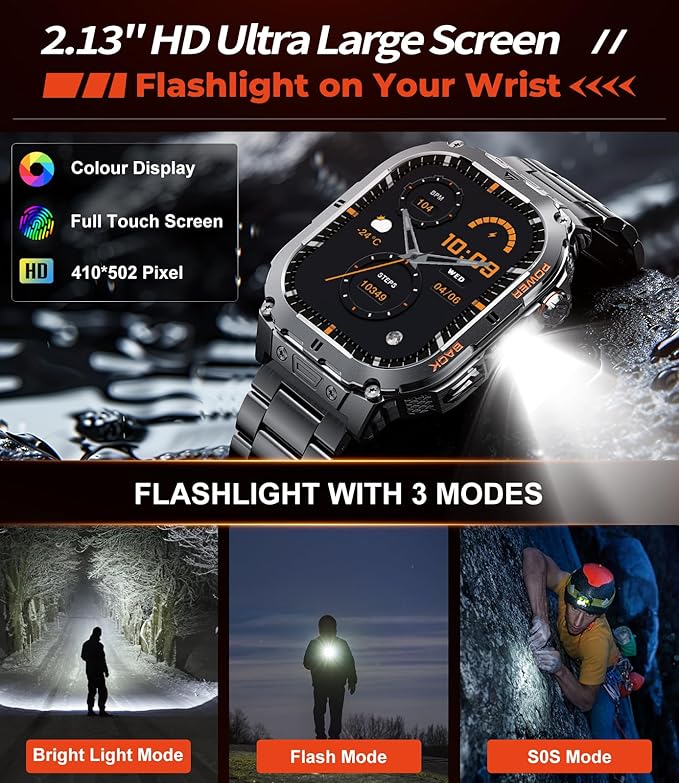 SUNKTA Military Smart Watch for Men,2.13''AMOLED/430mAh Battery Smart Watches with LED Flashlight for Android iOS (Bluetooth Call Answer/Calls) Fitness Tracker with Heart Rate/Sleep Tracking Black