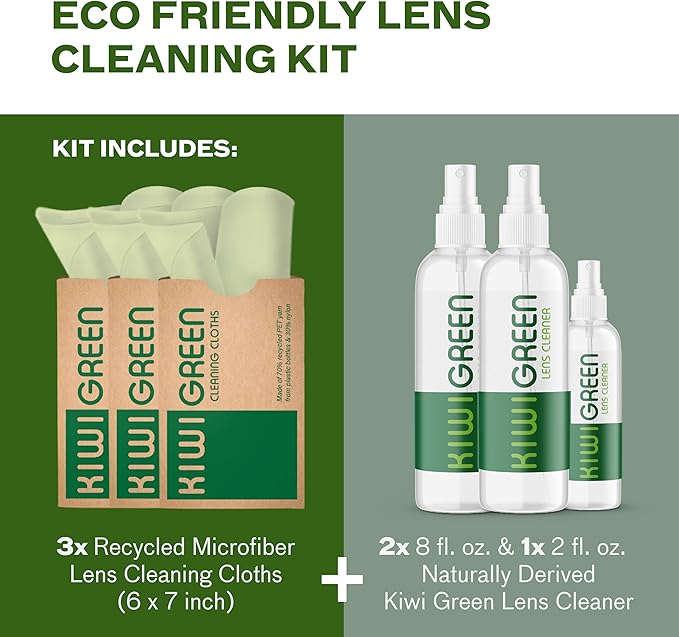 Kiwi Green Eyeglass Lens Cleaner Spray Kit | 3X Lens Cleaner + 3X Microfiber Cloth | Alcohol Free Eyeglasses, Screen Cleaning Kit | USA Made (6 Piece Set)