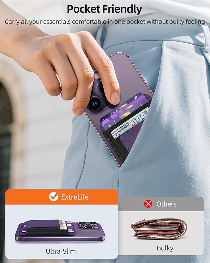 ExtreLife Upgraded for Magsafe Wallet, Strongest Magnetic Wallet for iPhone 17/16/15/14/13/12 Series, Magnetic Card Holder, Vegan Leather, Fit 7 Cards, Luxury Purple