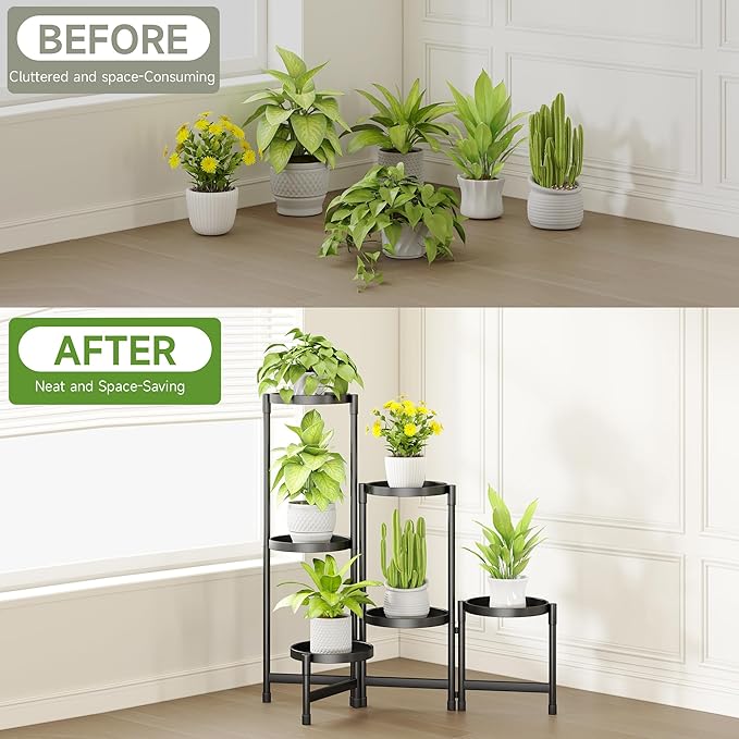 Plant Stand Indoor Outdoor with Metal Tray 6 Tiered Corner Plant Holders for Folding Plants Flower Pot Holder Display Stand for Living Room Balcony Garden-Black