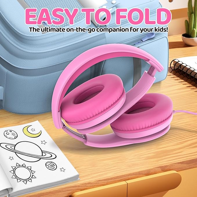 Wired Headphones for Kids, 85dB Volume Limit, 3.5mm Kids Headphones with Cord, Adjustable, Stereo Sound Foldable Toddler headsets for School-Pink