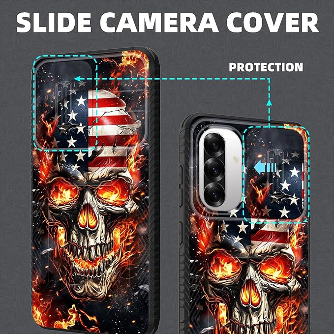 for Galaxy A36 5G/A56 5G Case Built in Slide Camera Lens Cover,Heavy Duty Shockproof Protection Dual Layer Case for Samsung Galaxy A36 5G/A56 5G 6.7" 2025,American Flag Flame Skull