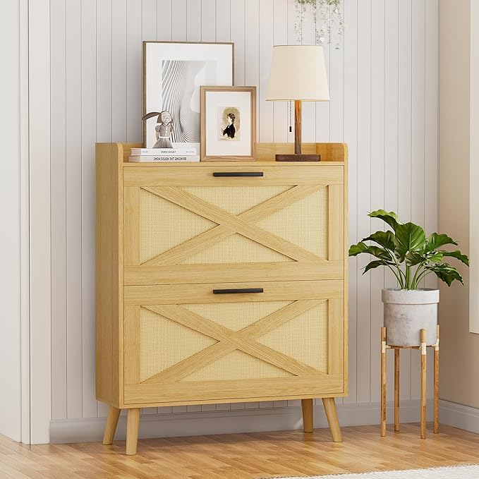 32" W Farmhouse Shoe Storage Cabinet with 2 Flip Drawers and Barn Door Design, Adjustable Shelves, Hidden Slim Narrow Shoe Rack Cabinet for Entryway, Foyer, Hallway, Living Room, Natural